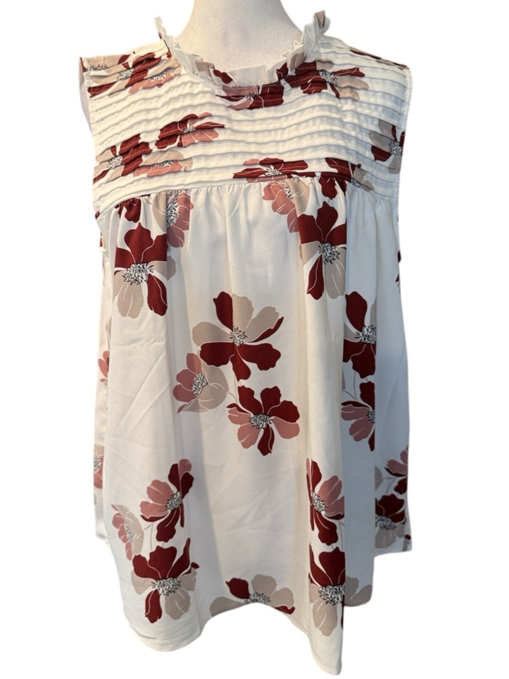 LOFT White Floral Sleeveless Smocked Yoke‎ Summer Top- Red & Blush Flowers M NWT